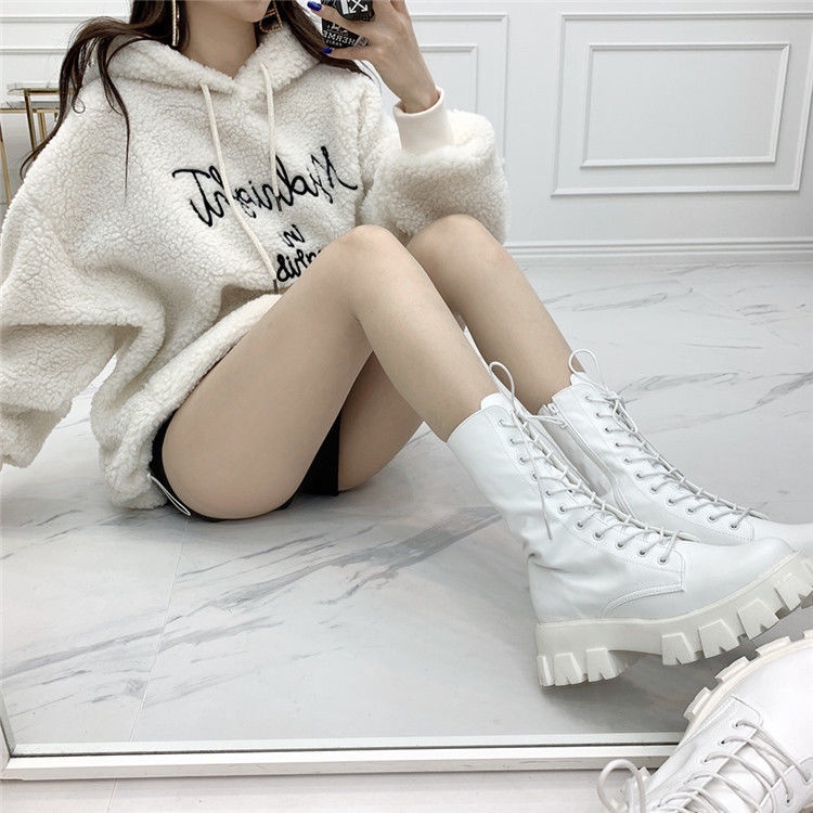 【台灣清倉/秒發】韓國2022爆款高筒馬丁靴、白色馬丁靴女、厚底機車靴跟高5CM、英倫風中筒靴、顯高瘦腿靴、舞蹈靴