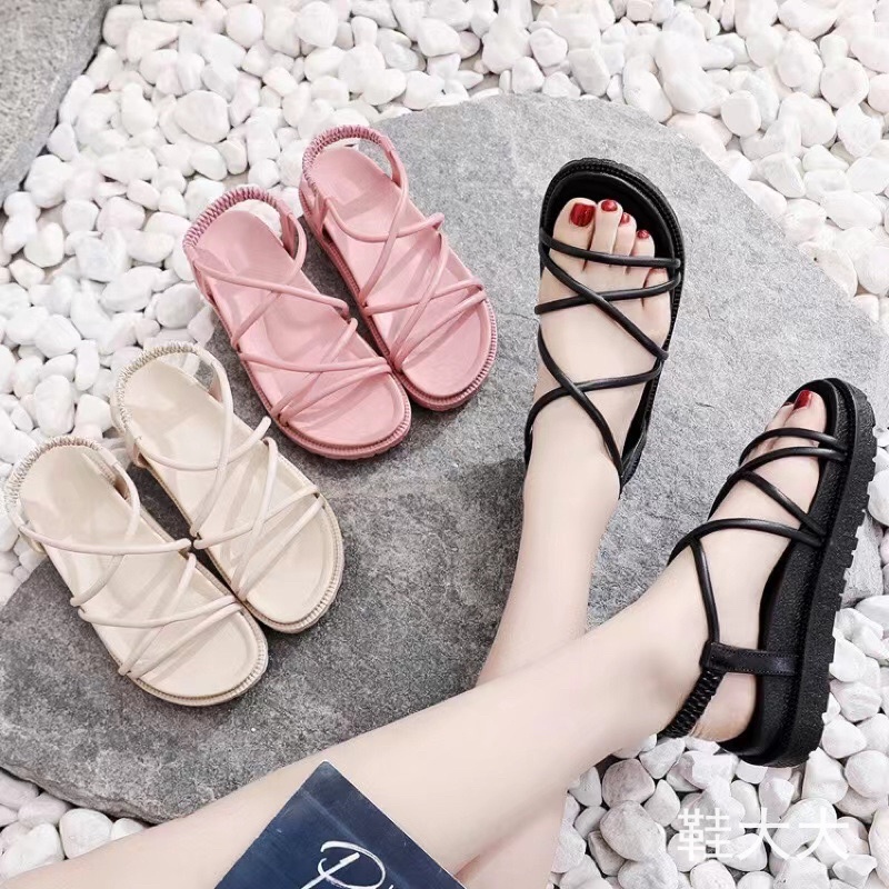 整雙都防水涼鞋 晴雨鞋 厚底交叉綁帶涼鞋 沙灘鞋 羅馬涼鞋 外穿涼鞋 平底涼鞋 厚底涼鞋 女鞋 軟底舒適涼鞋 套腳涼