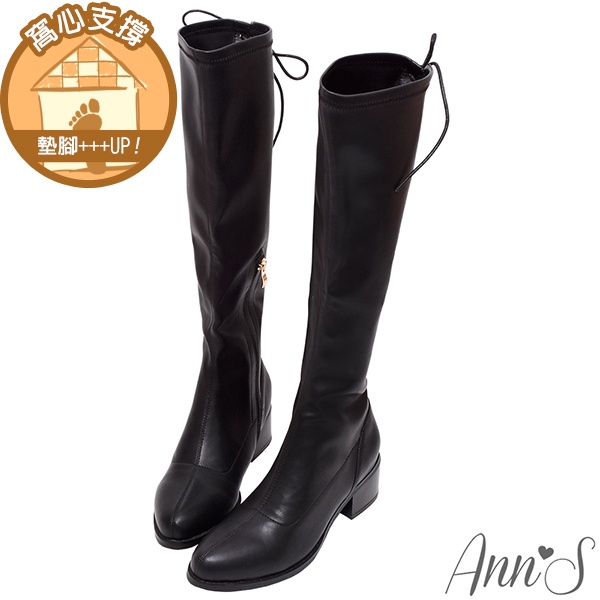 ann's鞋評價-Ann’S有彈性的後綁帶全素面粗跟及膝長靴5cm-黑