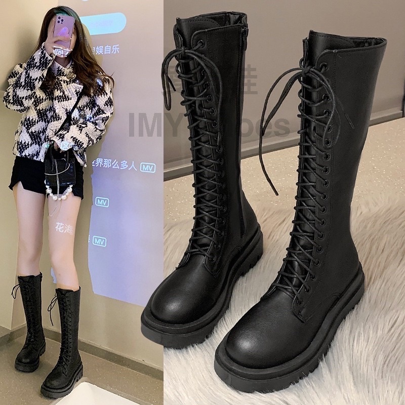 36-43碼全黑系 個性百搭 長筒軍靴【台灣現貨快速出貨】長靴 長筒長靴 膝下靴 綁帶長靴 綁帶長軍靴 軍靴 騎士靴