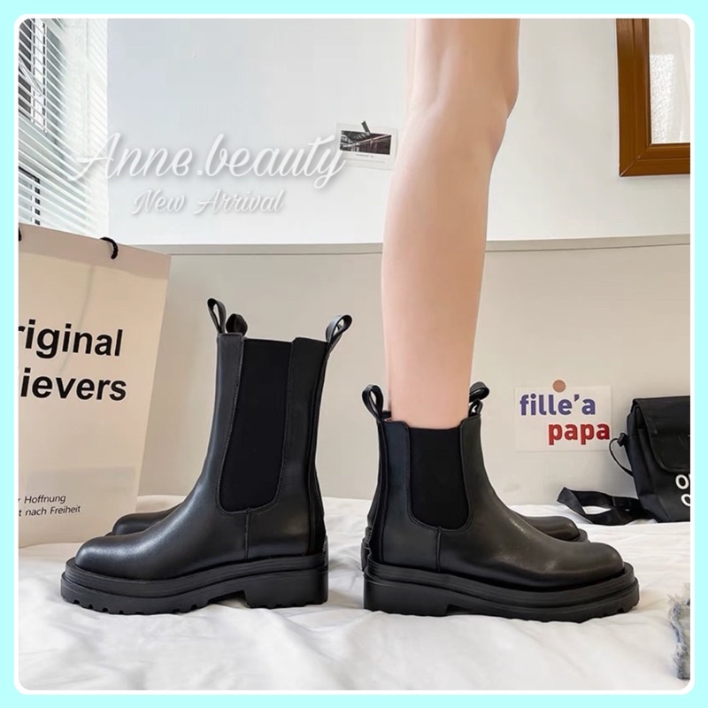 【大尺碼 短靴 中筒靴】［Anne.beauty]☆現貨+預購☆ 36～42馬丁靴粗跟短靴切爾西 粗跟素面短靴 煙筒靴